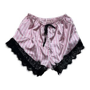 Unbranded Pink Striped Satin PJ Shorts Black Lace Trim - Size Small